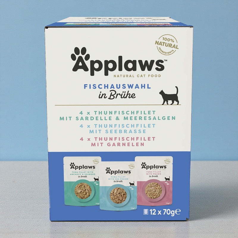 Eine Packung Applaws Fisch Auswahl in Brühe für Katzen, mit Thunfischfilet, Sardelle, Meeresalgen, Seebresse und Garnelen.
